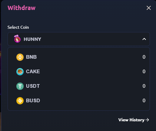 HunnyPlay Withdrawal - Select the type of Coin you Withdraw